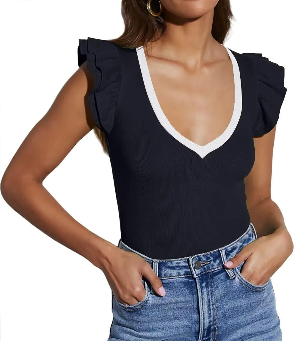 BONITEE Women Summer Ruffle Tops Sexy Deep V Neck Short Sleeve Shirts Trendy Casual Ribbed Slim Fitted Knit Tees Blouse