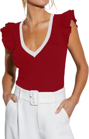 BONITEE Women Summer Ruffle Tops Sexy Deep V Neck Short Sleeve Shirts Trendy Casual Ribbed Slim Fitted Knit Tees Blouse