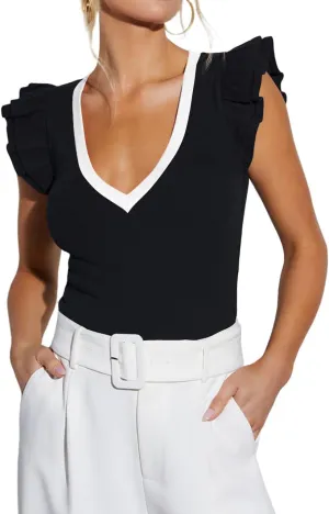 BONITEE Women Summer Ruffle Tops Sexy Deep V Neck Short Sleeve Shirts Trendy Casual Ribbed Slim Fitted Knit Tees Blouse