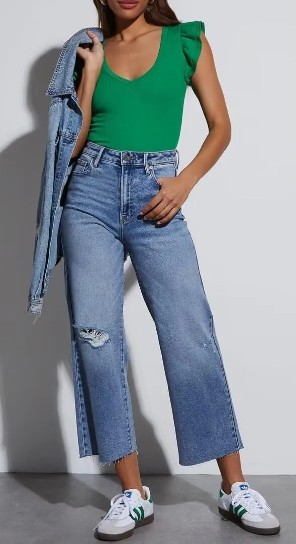 BONITEE Women Summer Ruffle Tops Sexy Deep V Neck Short Sleeve Shirts Trendy Casual Ribbed Slim Fitted Knit Tees Blouse