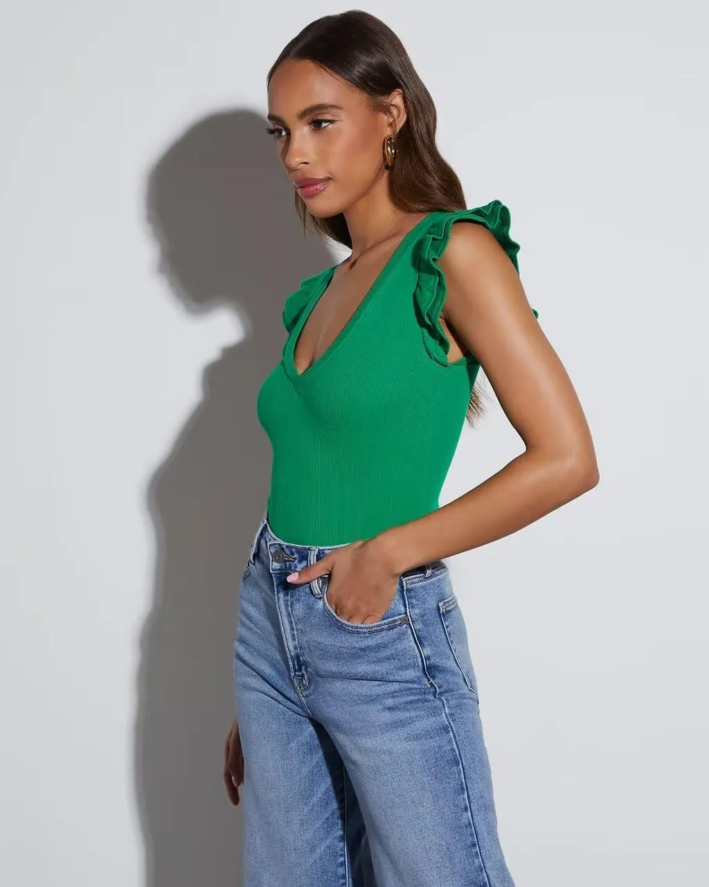 BONITEE Women Summer Ruffle Tops Sexy Deep V Neck Short Sleeve Shirts Trendy Casual Ribbed Slim Fitted Knit Tees Blouse