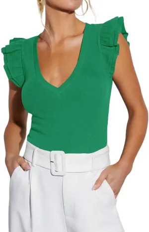 BONITEE Women Summer Ruffle Tops Sexy Deep V Neck Short Sleeve Shirts Trendy Casual Ribbed Slim Fitted Knit Tees Blouse