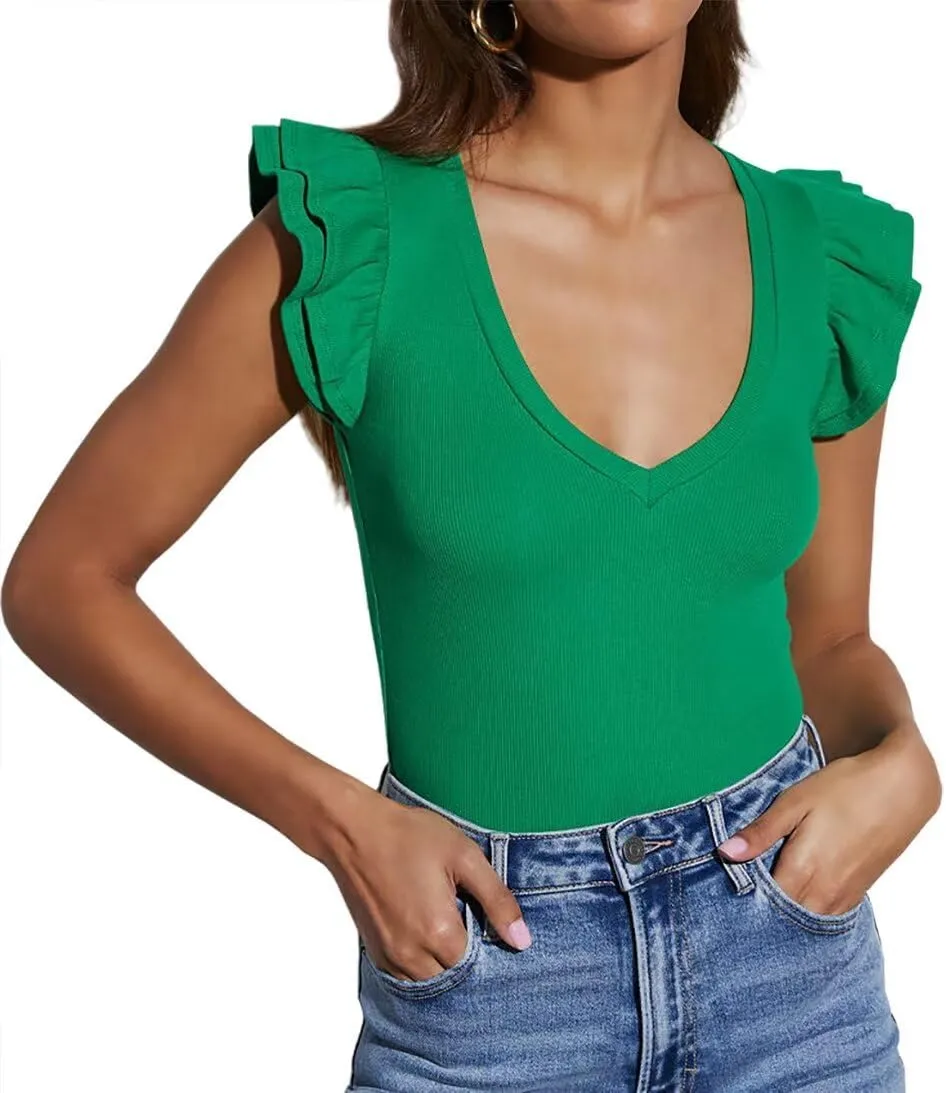 BONITEE Women Summer Ruffle Tops Sexy Deep V Neck Short Sleeve Shirts Trendy Casual Ribbed Slim Fitted Knit Tees Blouse
