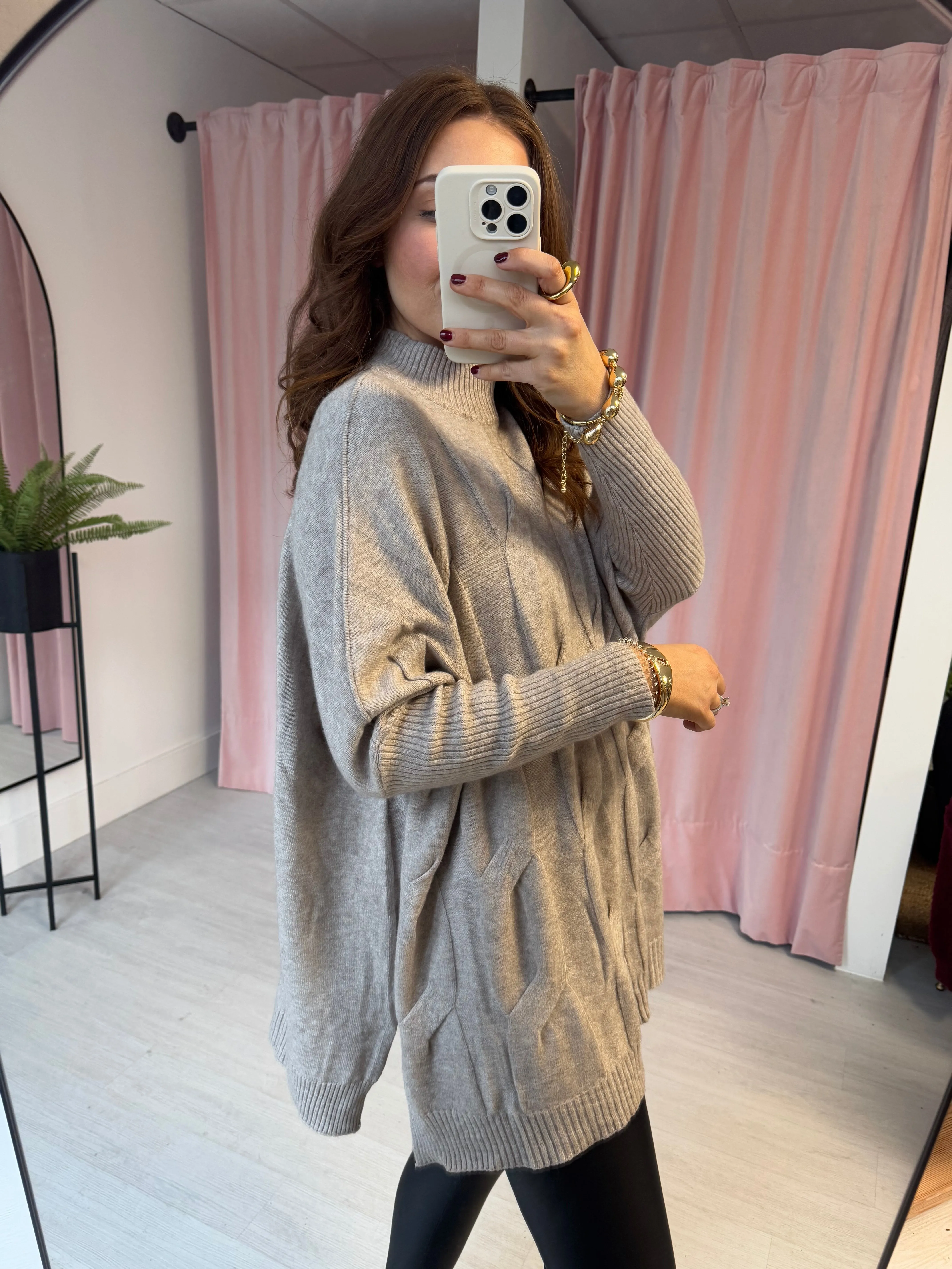 Cable Front High Neck Jumper - Mocha