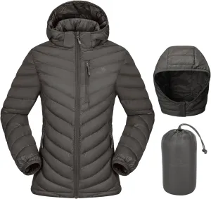 CAMEL CROWN Women's Down Jackets Lightweight Puffer Jackets Packable Quilted Winter Coat Hooded Outerwear With Chest Pocket Grey 2XL