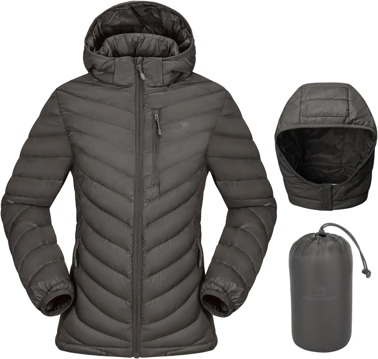 CAMEL CROWN Women's Down Jackets Lightweight Puffer Jackets Packable Quilted Winter Coat Hooded Outerwear With Chest Pocket Grey 2XL