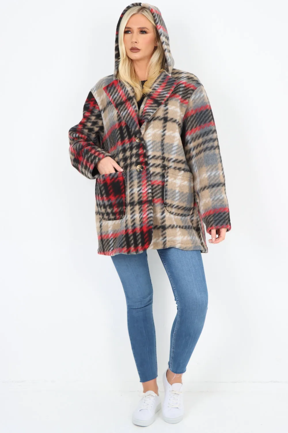 Checked Line Print Hooded Front Pockets Coat