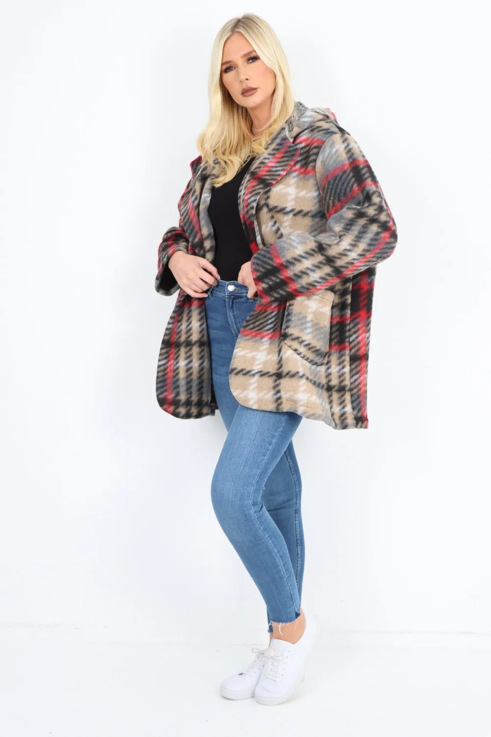 Checked Line Print Hooded Front Pockets Coat