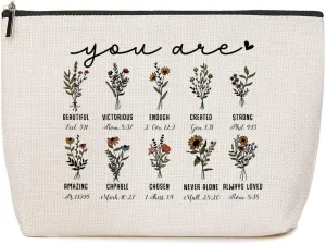 Christian Women's Inspirational Bible Verse Flowers Makeup Bag - Spiritual & Religious Gifts for Women - Bestie Friend Christmas Birthday Faith Based Gifts - Positive Affirmations Cosmetic Bag