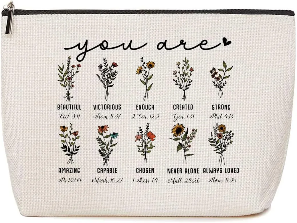 Christian Women's Inspirational Bible Verse Flowers Makeup Bag - Spiritual & Religious Gifts for Women - Bestie Friend Christmas Birthday Faith Based Gifts - Positive Affirmations Cosmetic Bag