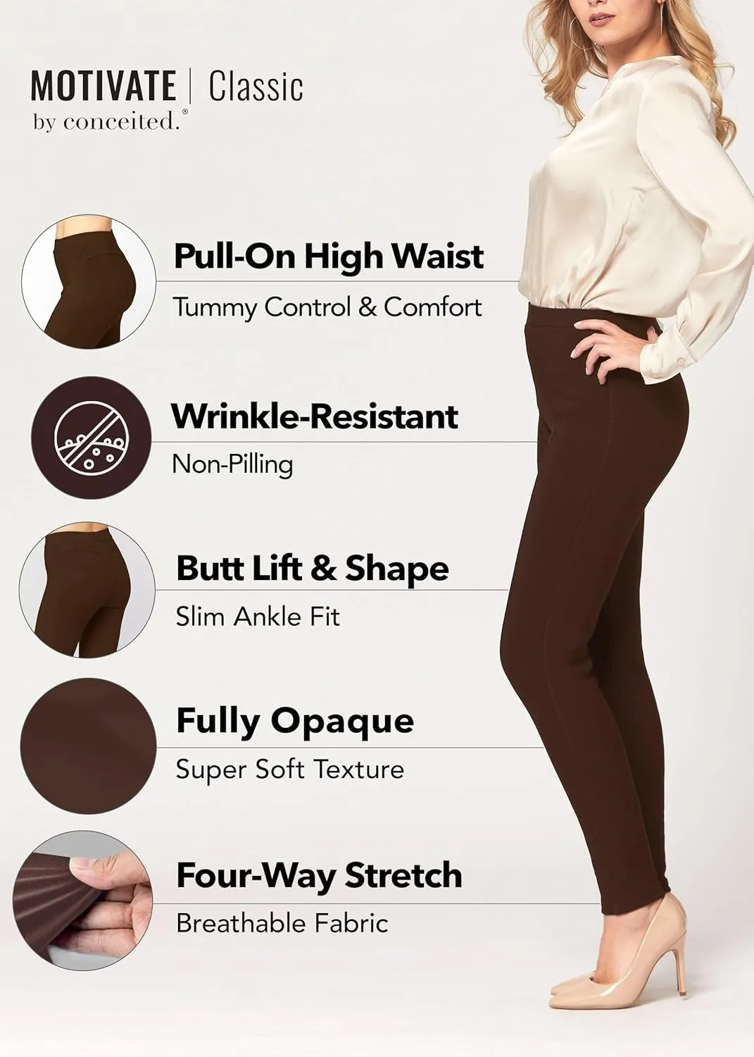 Conceited Stretch Ponte Pants for Women - Dressy Leggings - High Waist Shaping Butt Lifting