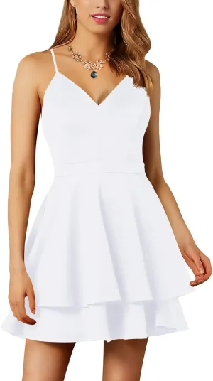 Cosonsen Women's Dresses V-Neck Sleeveless Spaghetti Strap Summer Swing Mini Dress