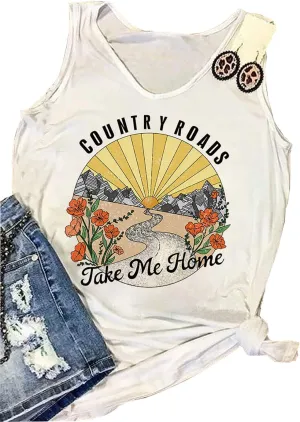 Country Roads Take Me Home Floral Tank Top for Women Hiking Mountain Sleeveless T Shirt Tees Camping Vest