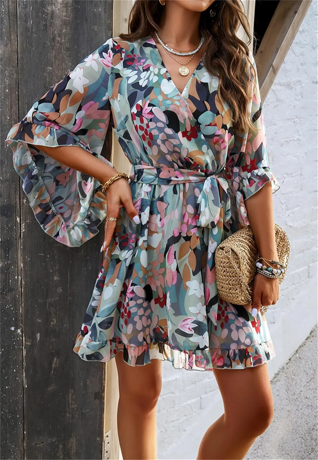 crazynekos Women's Summer Dresses Casual Short Sleeve V Neck Ruffle Floral Print High Waist Flowy Mini Dress with Belt