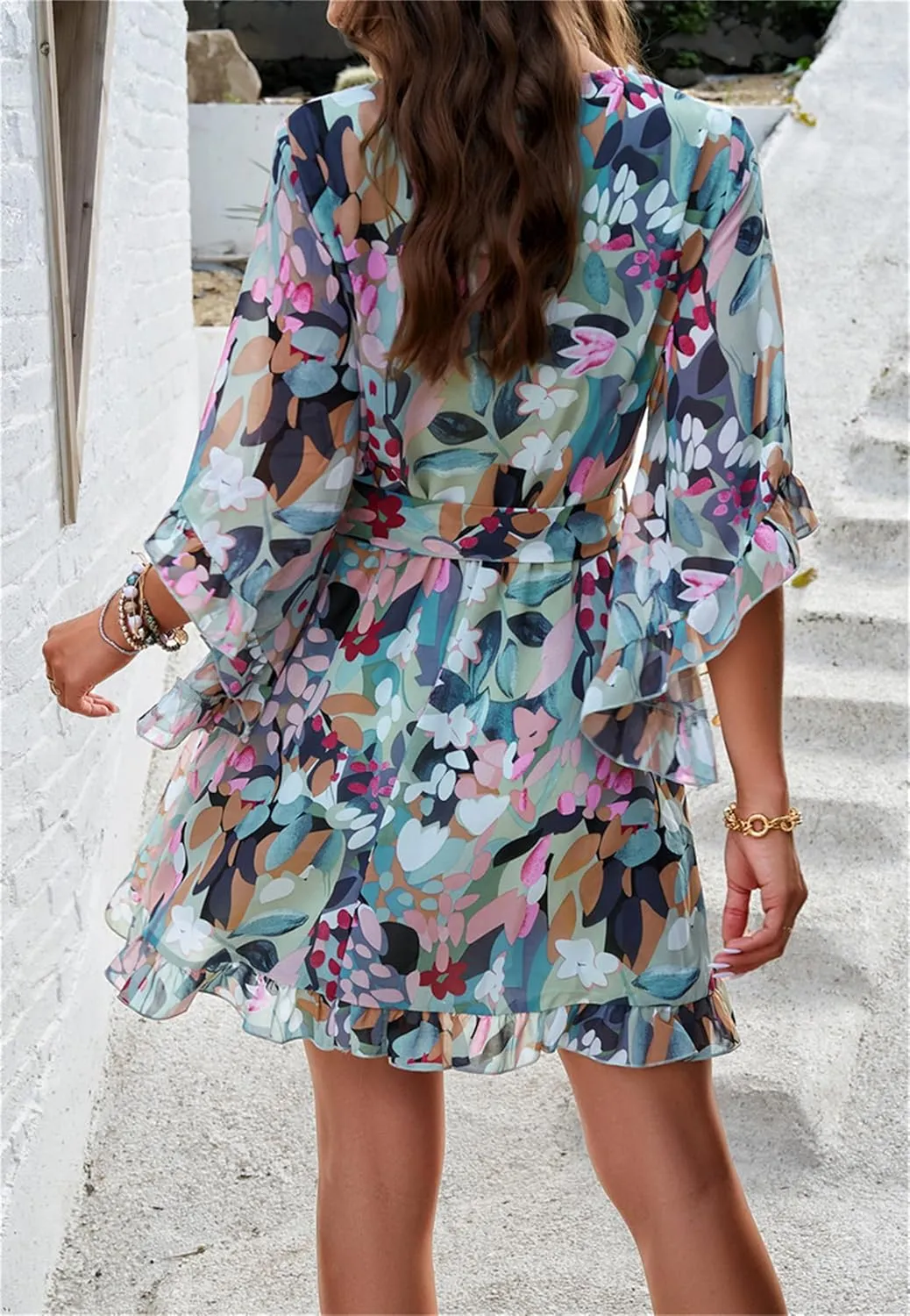 crazynekos Women's Summer Dresses Casual Short Sleeve V Neck Ruffle Floral Print High Waist Flowy Mini Dress with Belt