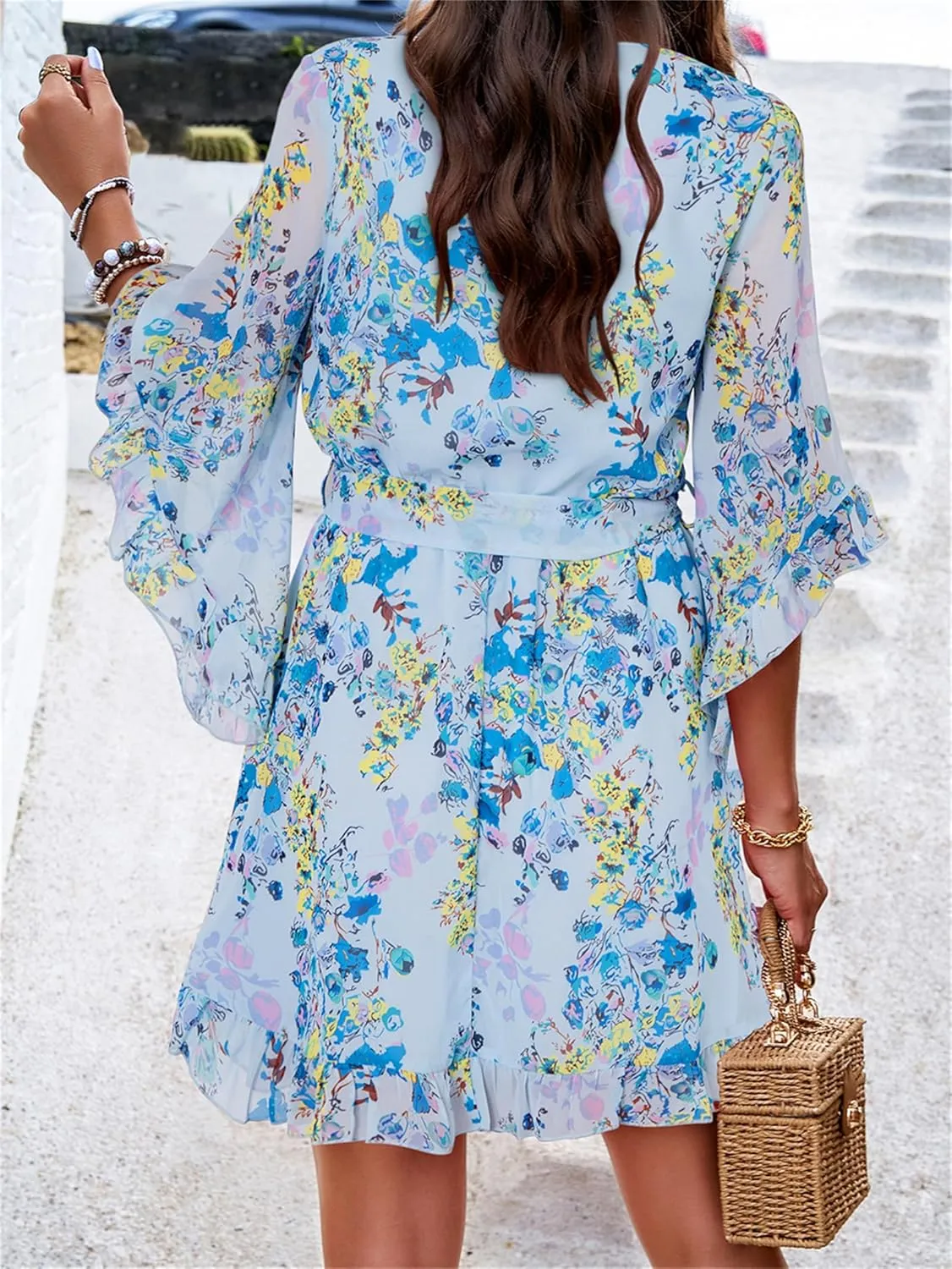crazynekos Women's Summer Dresses Casual Short Sleeve V Neck Ruffle Floral Print High Waist Flowy Mini Dress with Belt