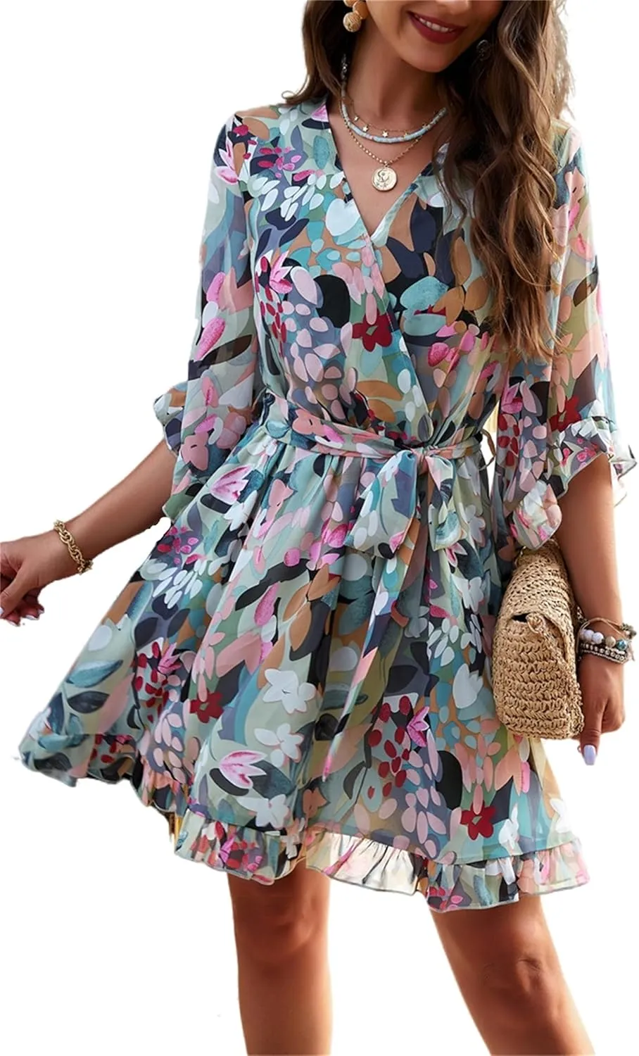 crazynekos Women's Summer Dresses Casual Short Sleeve V Neck Ruffle Floral Print High Waist Flowy Mini Dress with Belt