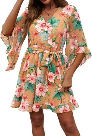 crazynekos Women's Summer Dresses Casual Short Sleeve V Neck Ruffle Floral Print High Waist Flowy Mini Dress with Belt