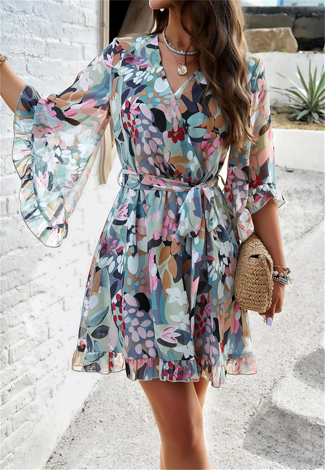 crazynekos Women's Summer Dresses Casual Short Sleeve V Neck Ruffle Floral Print High Waist Flowy Mini Dress with Belt