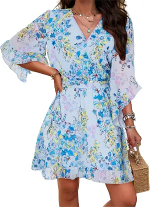 crazynekos Women's Summer Dresses Casual Short Sleeve V Neck Ruffle Floral Print High Waist Flowy Mini Dress with Belt