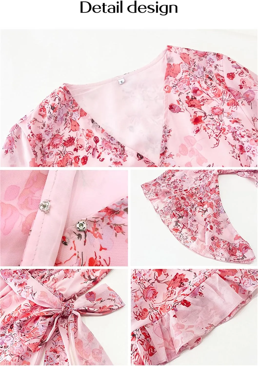crazynekos Women's Summer Dresses Casual Short Sleeve V Neck Ruffle Floral Print High Waist Flowy Mini Dress with Belt