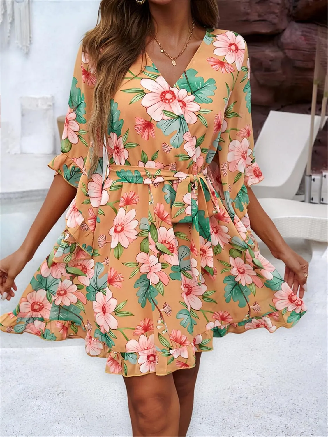 crazynekos Women's Summer Dresses Casual Short Sleeve V Neck Ruffle Floral Print High Waist Flowy Mini Dress with Belt