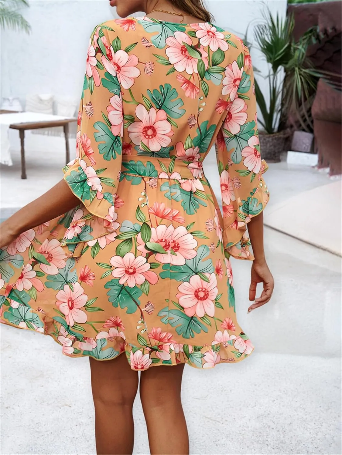 crazynekos Women's Summer Dresses Casual Short Sleeve V Neck Ruffle Floral Print High Waist Flowy Mini Dress with Belt