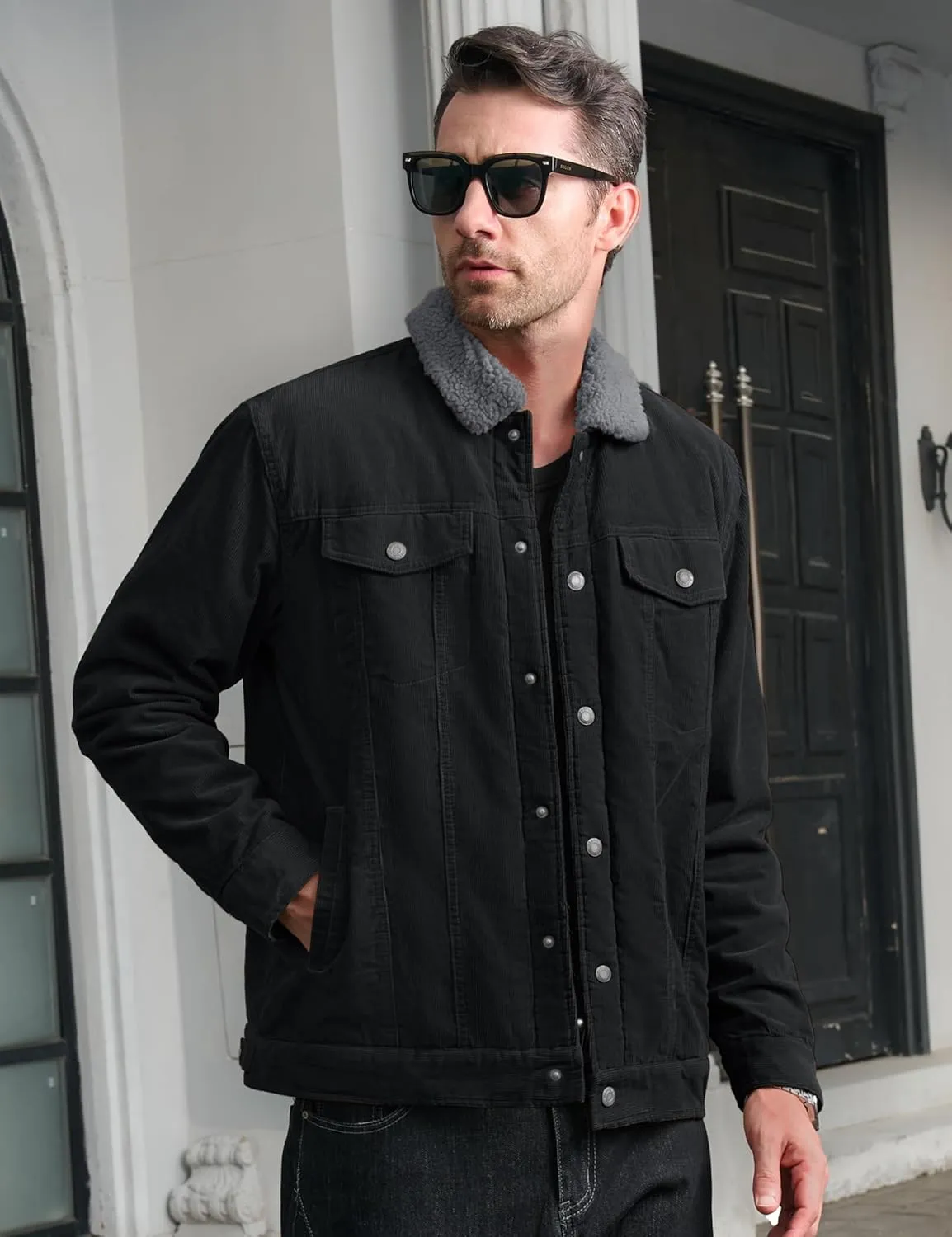 CRYSULLY Men's Corduroy Jacket Cotton Sherpa Lined Jacket Turn-Down Collar Jackets with 5 Pockets
