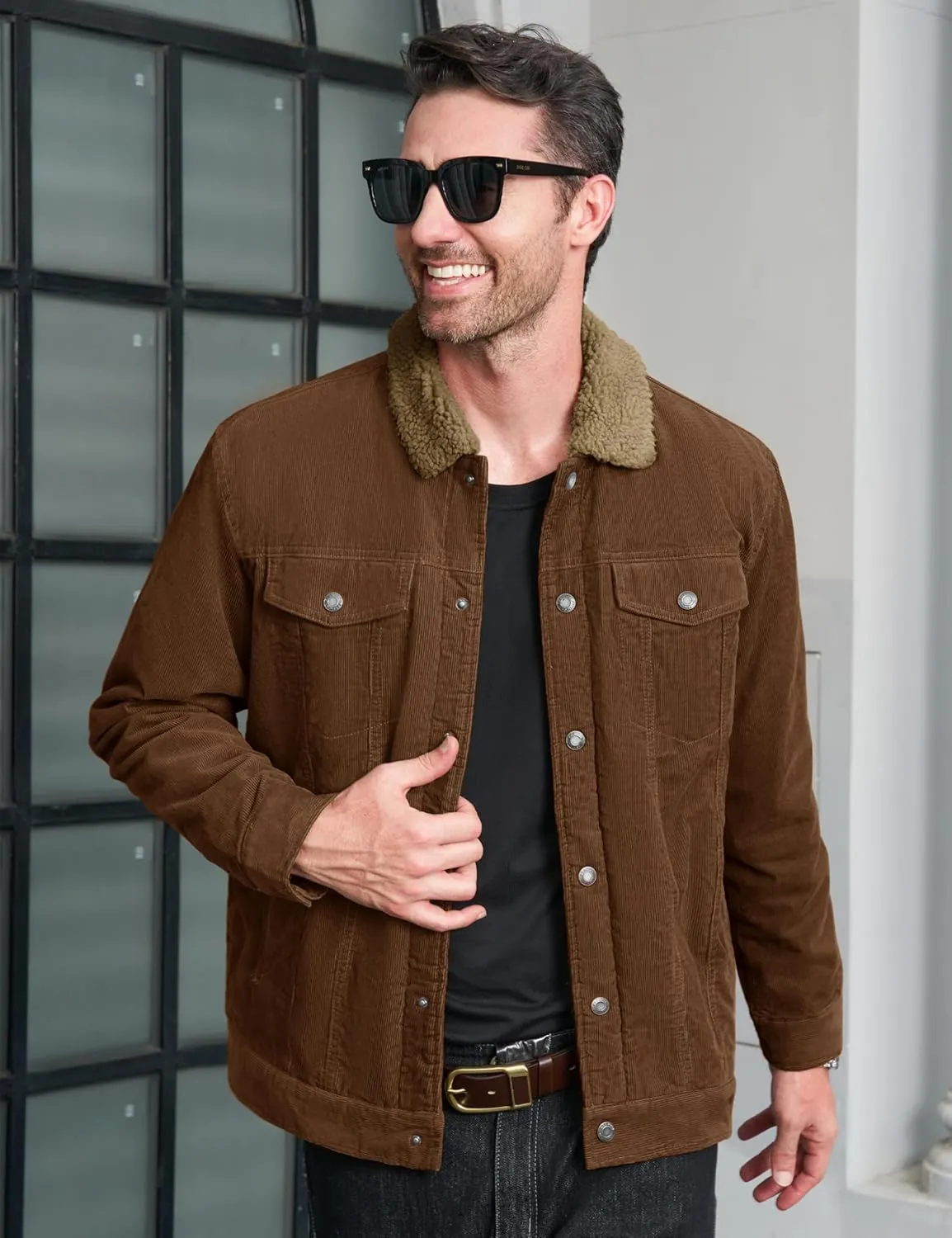 CRYSULLY Men's Corduroy Jacket Cotton Sherpa Lined Jacket Turn-Down Collar Jackets with 5 Pockets