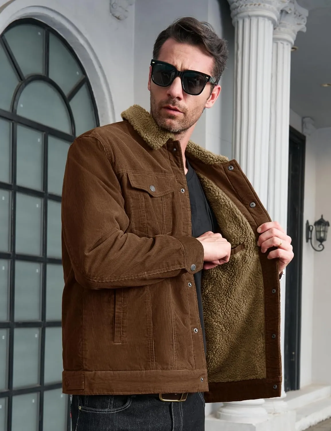 CRYSULLY Men's Corduroy Jacket Cotton Sherpa Lined Jacket Turn-Down Collar Jackets with 5 Pockets