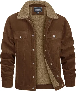 CRYSULLY Men's Corduroy Jacket Cotton Sherpa Lined Jacket Turn-Down Collar Jackets with 5 Pockets