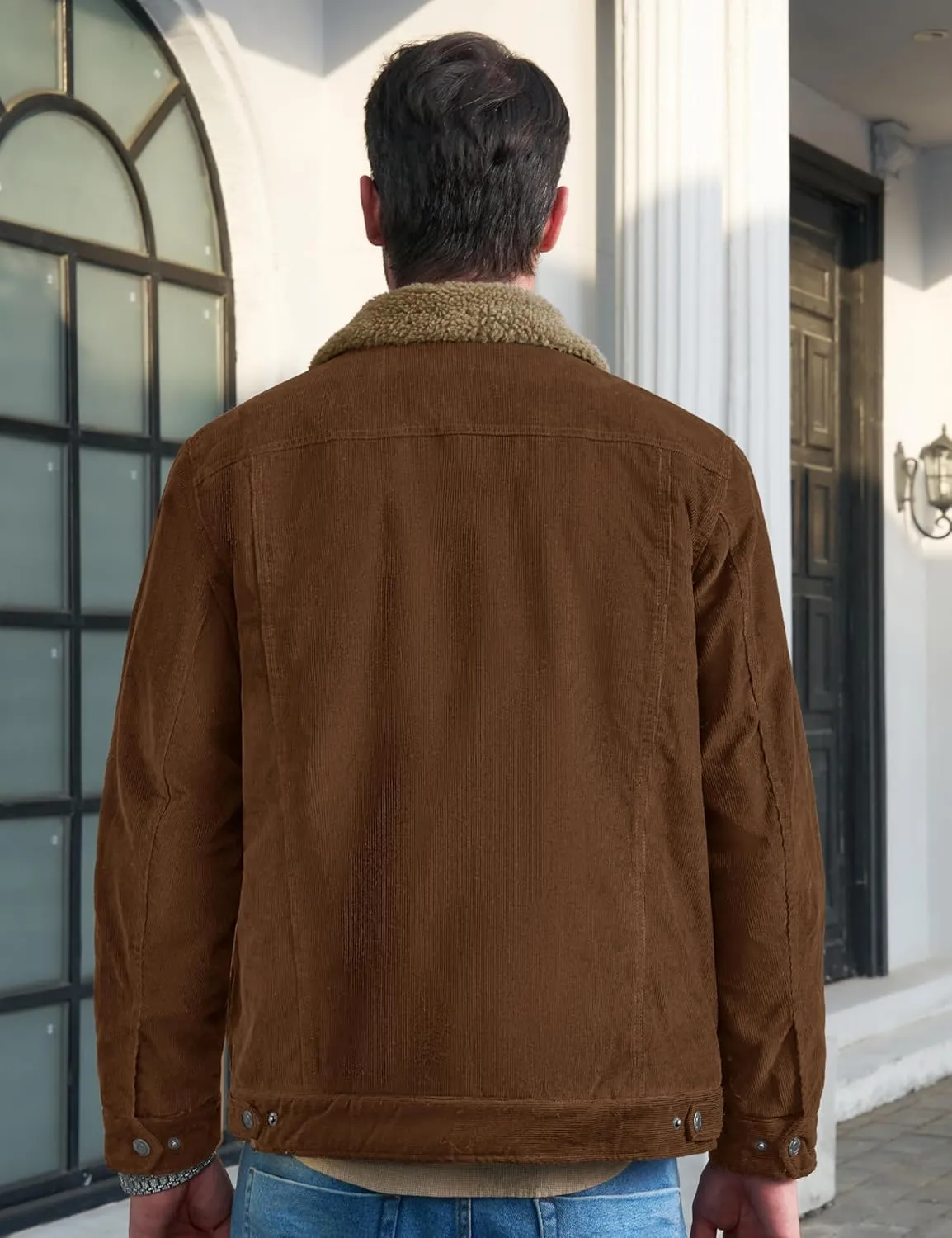 CRYSULLY Men's Corduroy Jacket Cotton Sherpa Lined Jacket Turn-Down Collar Jackets with 5 Pockets