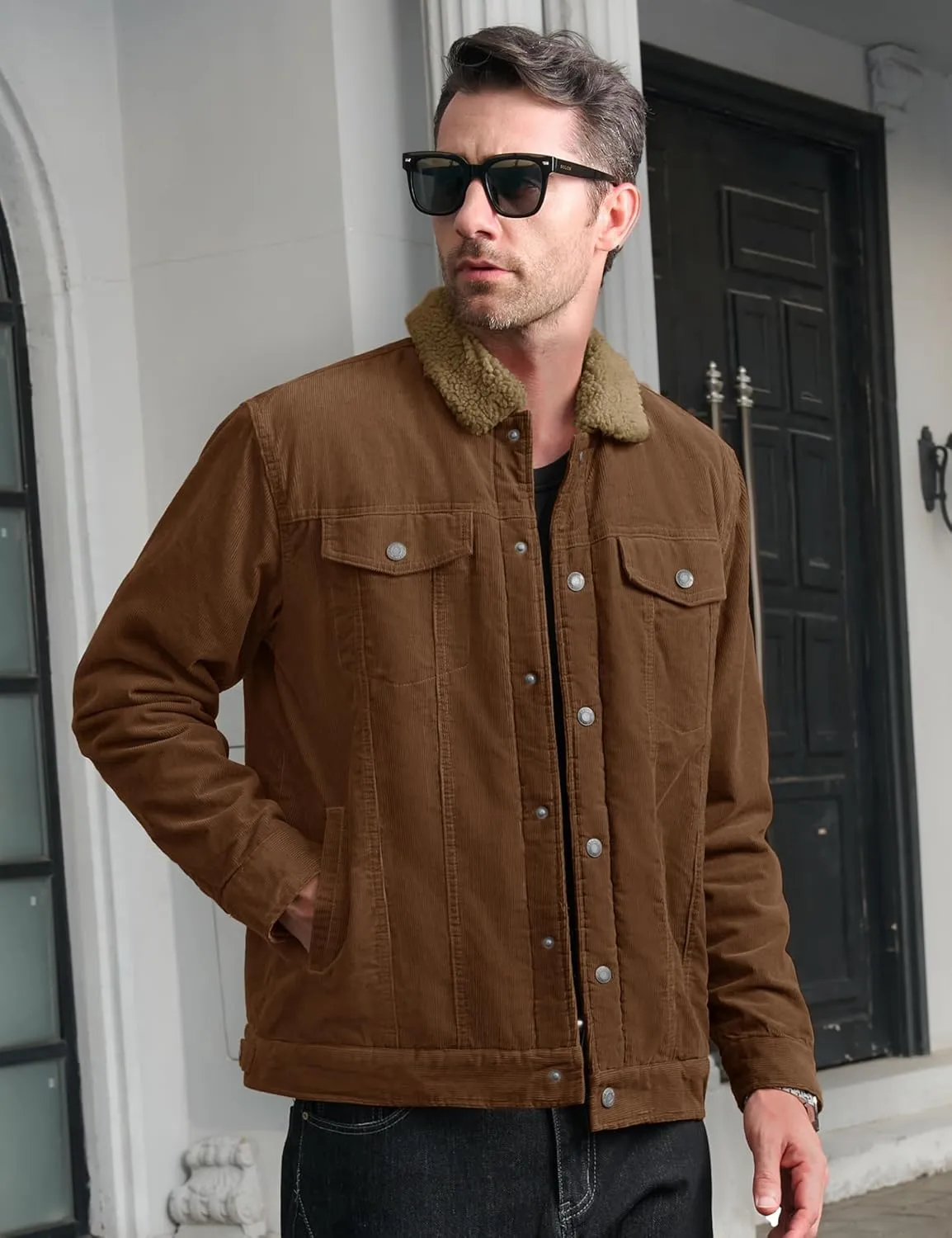 CRYSULLY Men's Corduroy Jacket Cotton Sherpa Lined Jacket Turn-Down Collar Jackets with 5 Pockets