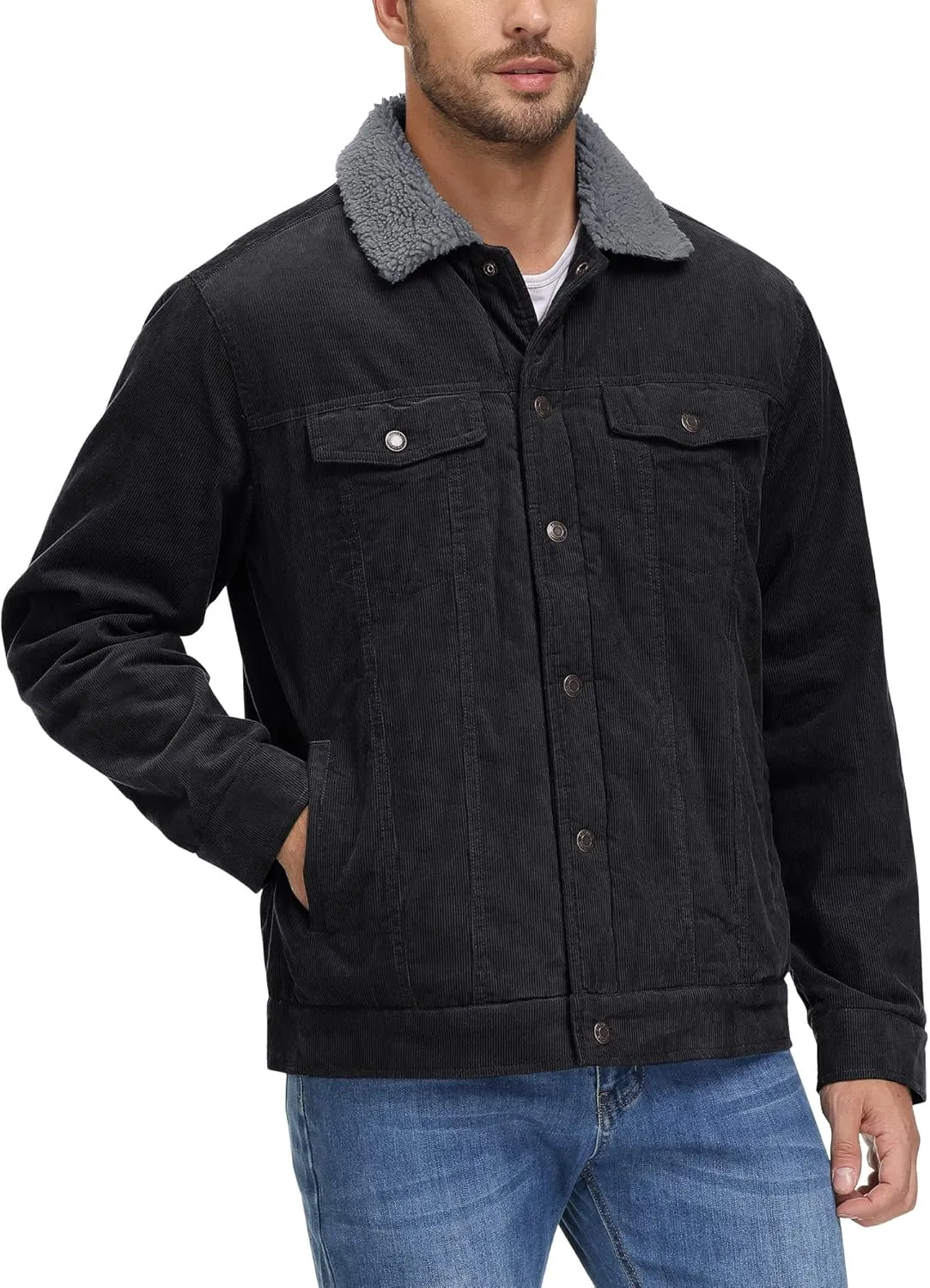 CRYSULLY Men's Corduroy Jacket Cotton Sherpa Lined Jacket Turn-Down Collar Jackets with 5 Pockets