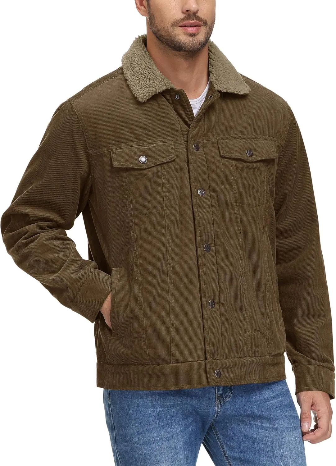 CRYSULLY Men's Corduroy Jacket Cotton Sherpa Lined Jacket Turn-Down Collar Jackets with 5 Pockets