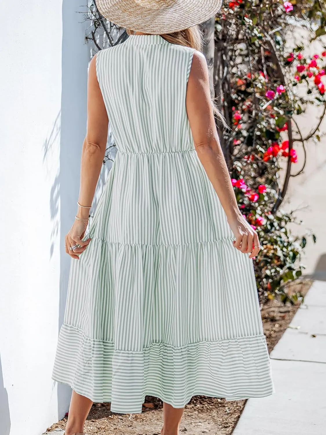 CUPSHE Women Ruffle Summer Dress 2025 Stripe V Neck Front Button Casual Sundress Holiday Vacation Midi Dress with Pocket
