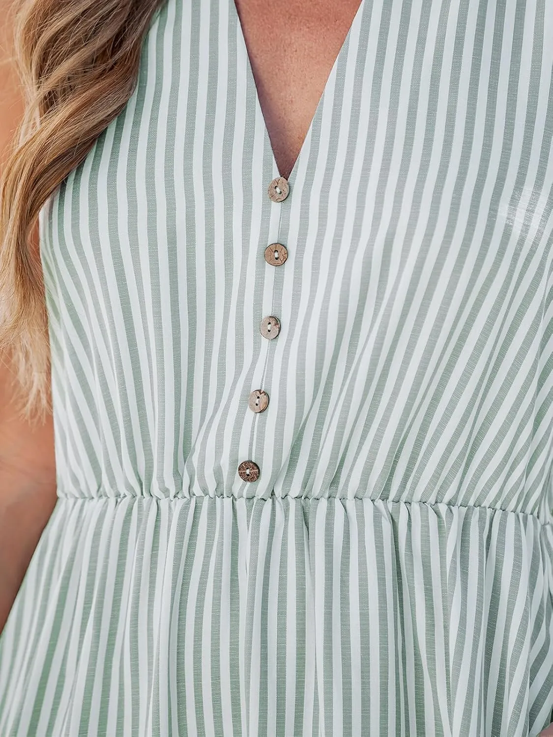 CUPSHE Women Ruffle Summer Dress 2025 Stripe V Neck Front Button Casual Sundress Holiday Vacation Midi Dress with Pocket