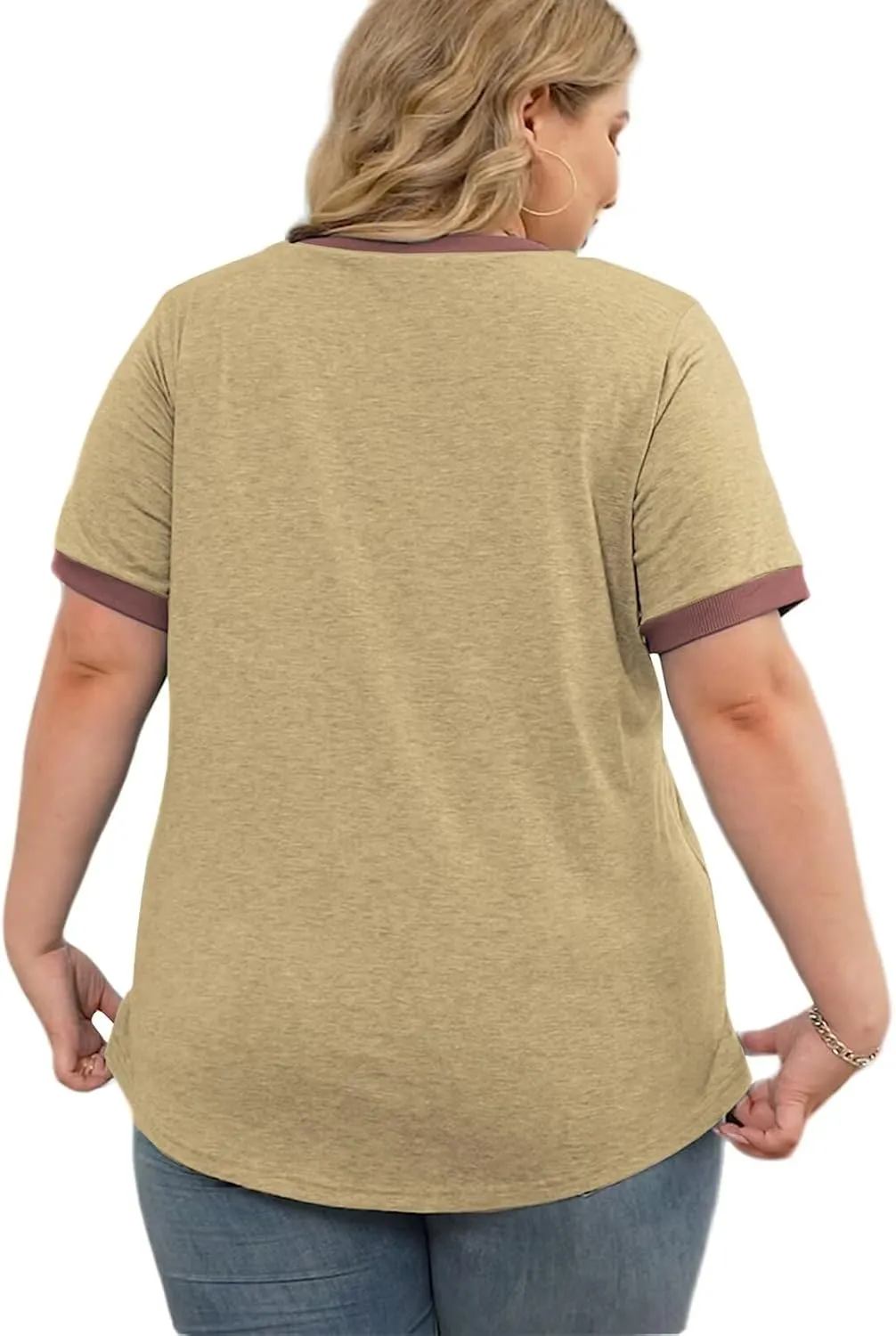 DOLNINE Plus Size Tops for Women Casual Ribbed V Neck Color Block Cuff Summer Shirts with Pocket