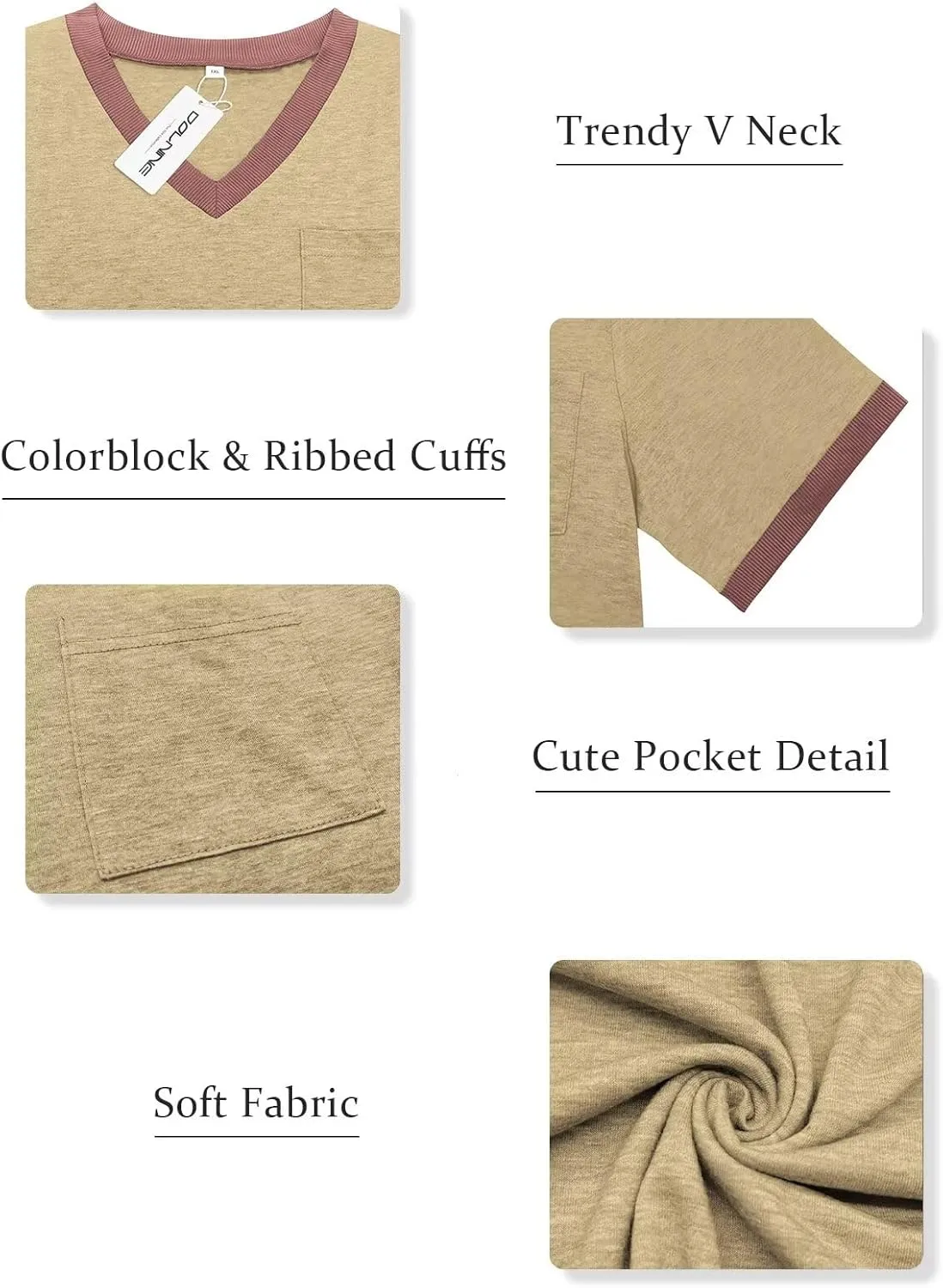 DOLNINE Plus Size Tops for Women Casual Ribbed V Neck Color Block Cuff Summer Shirts with Pocket