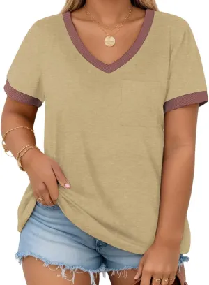 DOLNINE Plus Size Tops for Women Casual Ribbed V Neck Color Block Cuff Summer Shirts with Pocket