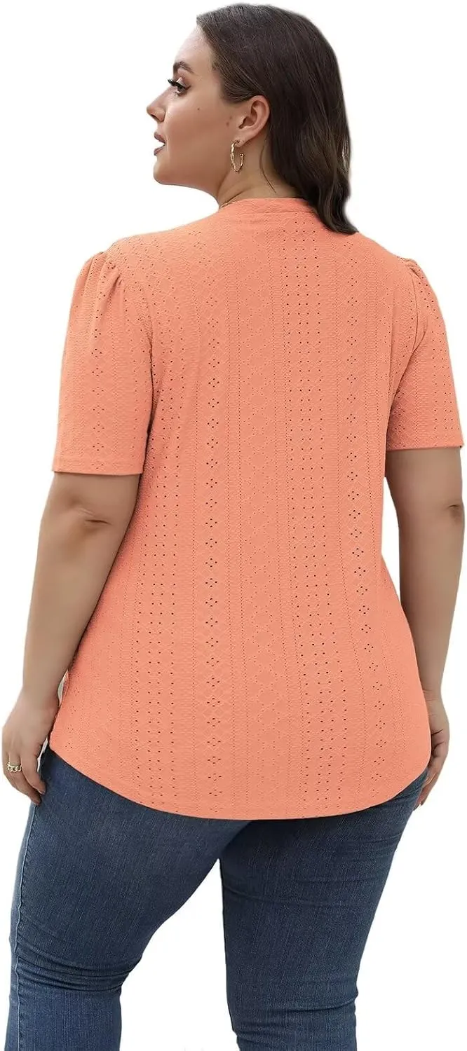 DOLNINE Womens-Plus-Size-Tops Casual Puff Short Sleeve Crewneck Eyelet Tunic Shirts XL-5XL