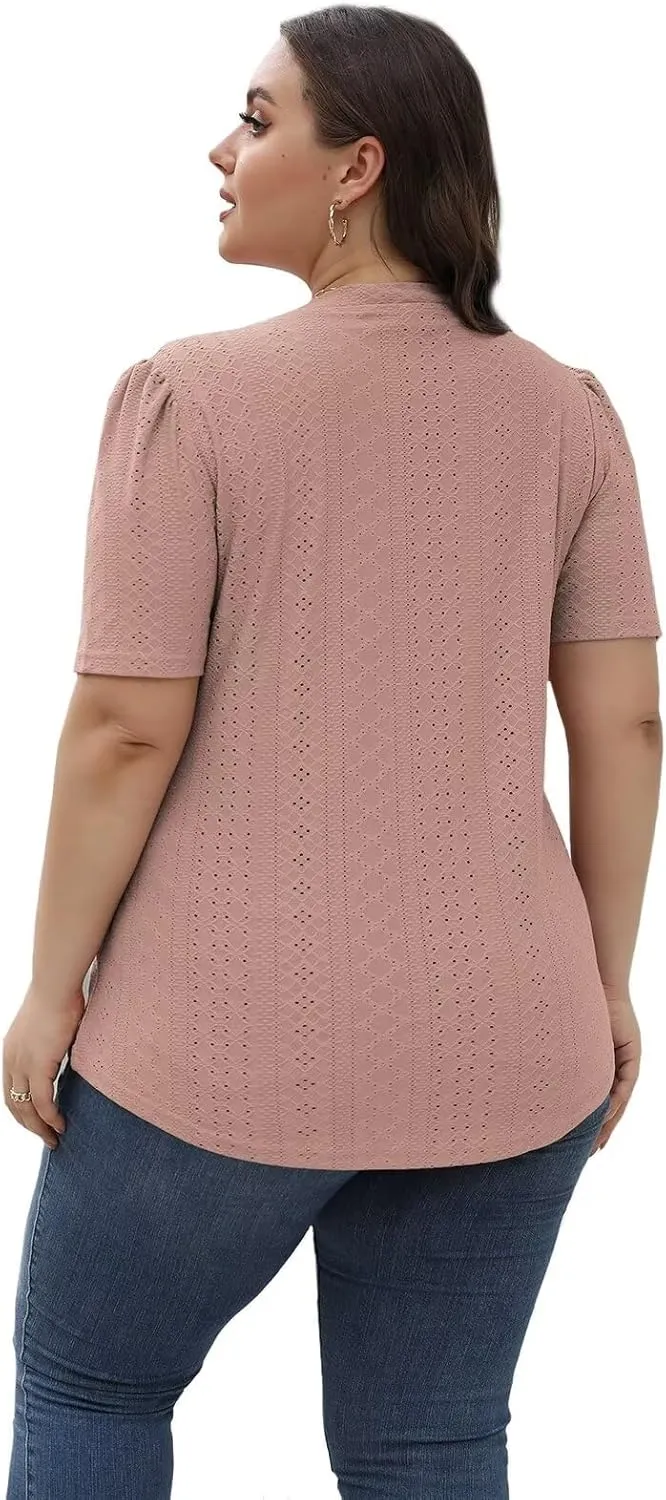 DOLNINE Womens-Plus-Size-Tops Casual Puff Short Sleeve Crewneck Eyelet Tunic Shirts XL-5XL