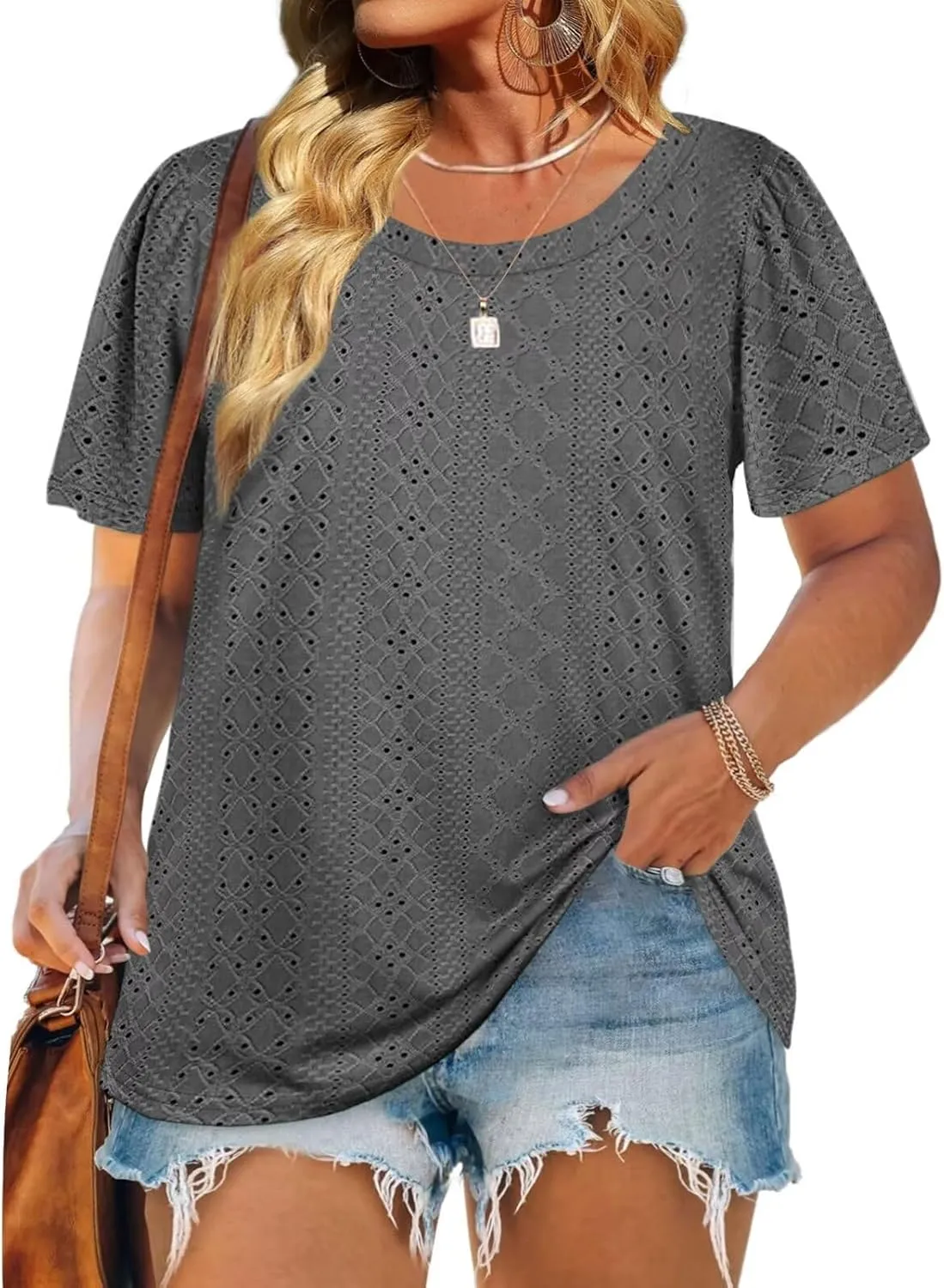 DOLNINE Womens-Plus-Size-Tops Casual Puff Short Sleeve Crewneck Eyelet Tunic Shirts XL-5XL