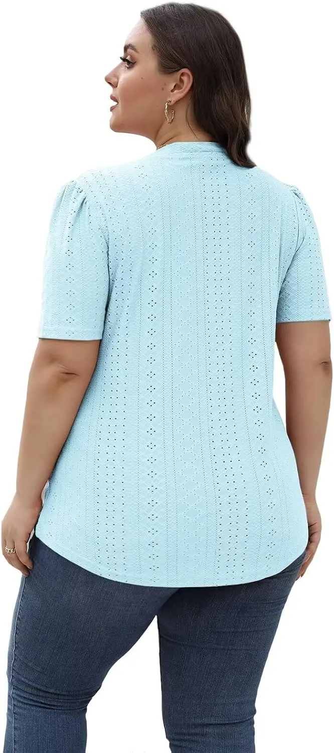 DOLNINE Womens-Plus-Size-Tops Casual Puff Short Sleeve Crewneck Eyelet Tunic Shirts XL-5XL