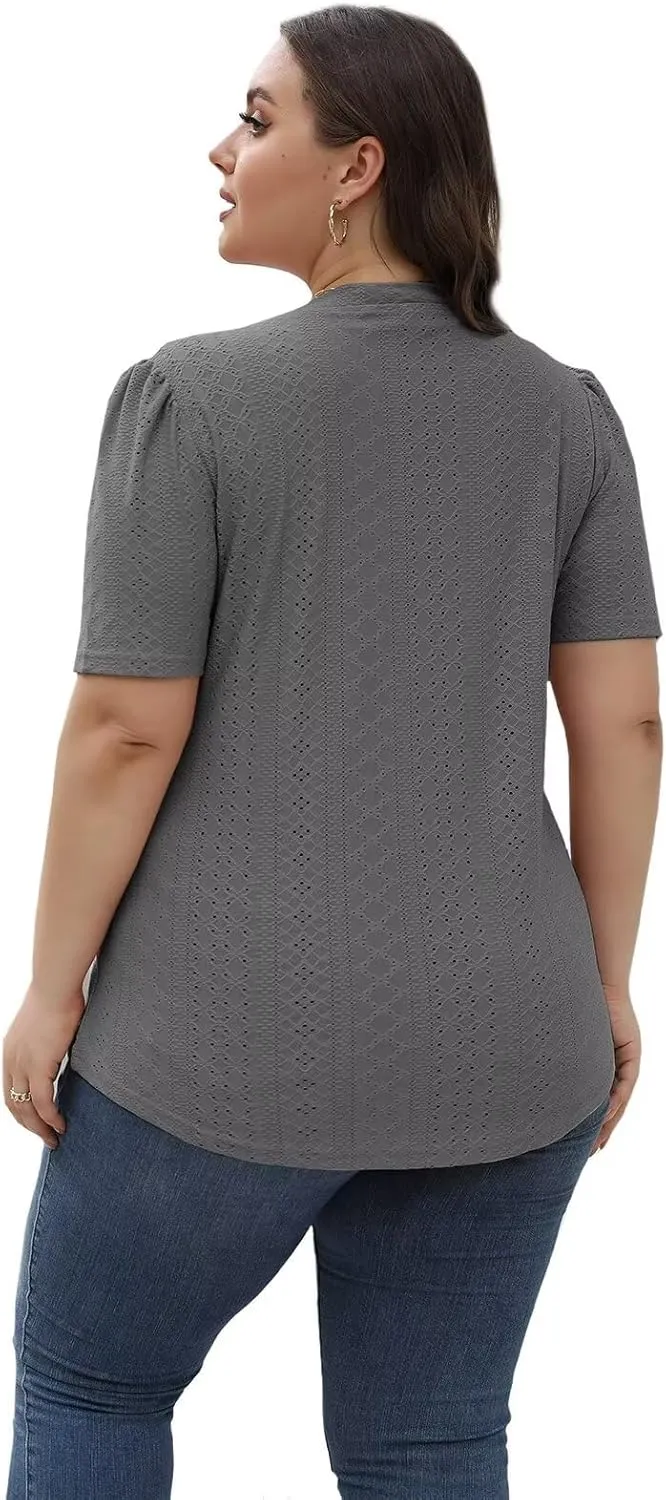 DOLNINE Womens-Plus-Size-Tops Casual Puff Short Sleeve Crewneck Eyelet Tunic Shirts XL-5XL