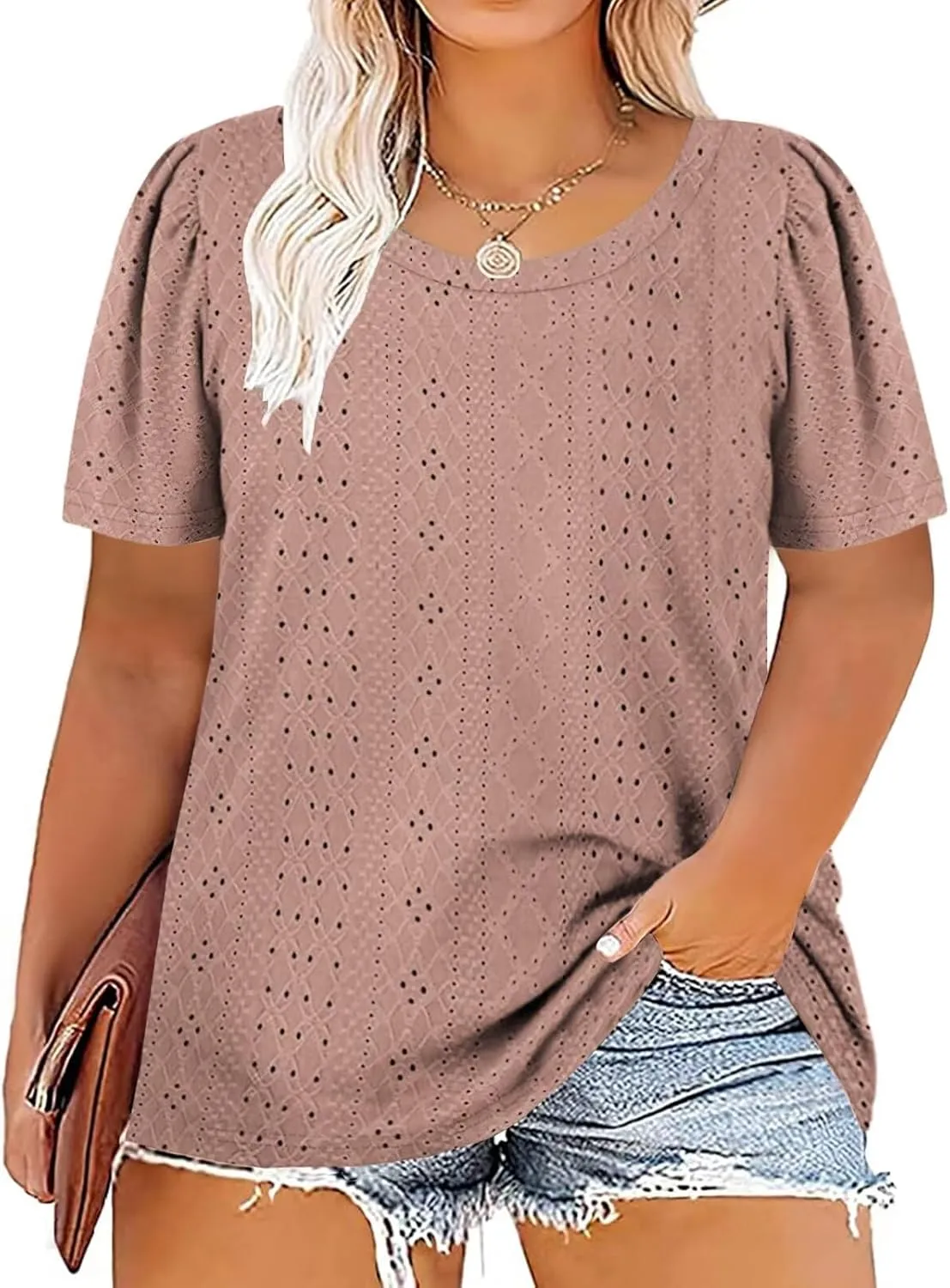 DOLNINE Womens-Plus-Size-Tops Casual Puff Short Sleeve Crewneck Eyelet Tunic Shirts XL-5XL