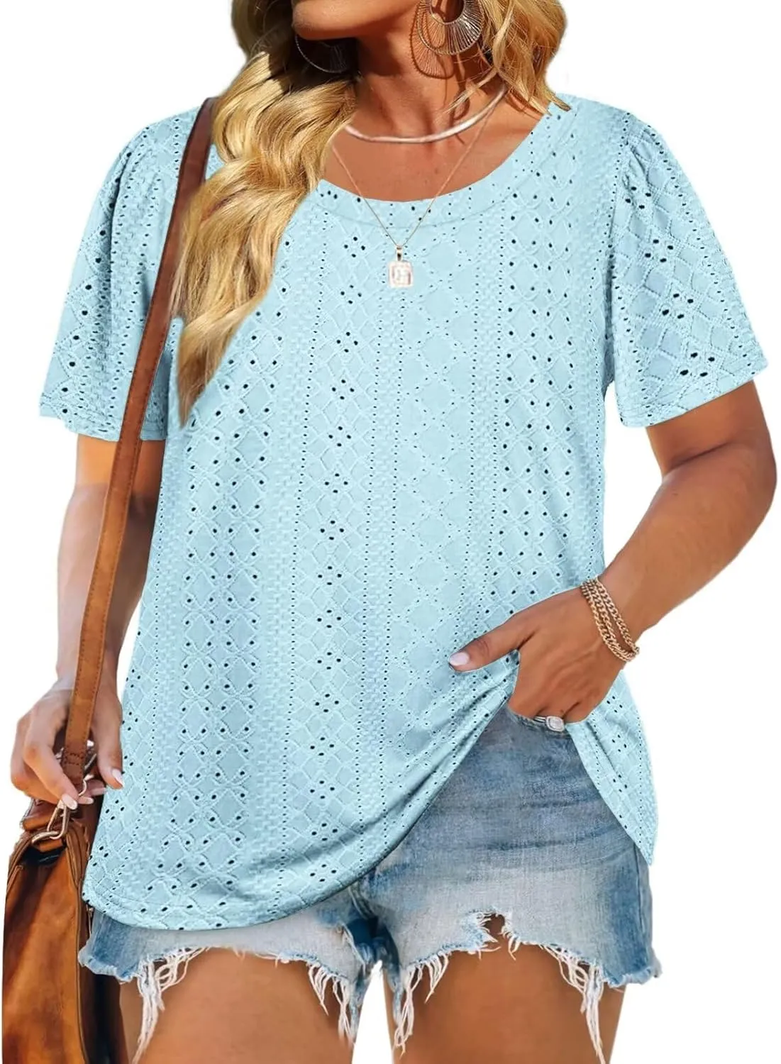 DOLNINE Womens-Plus-Size-Tops Casual Puff Short Sleeve Crewneck Eyelet Tunic Shirts XL-5XL