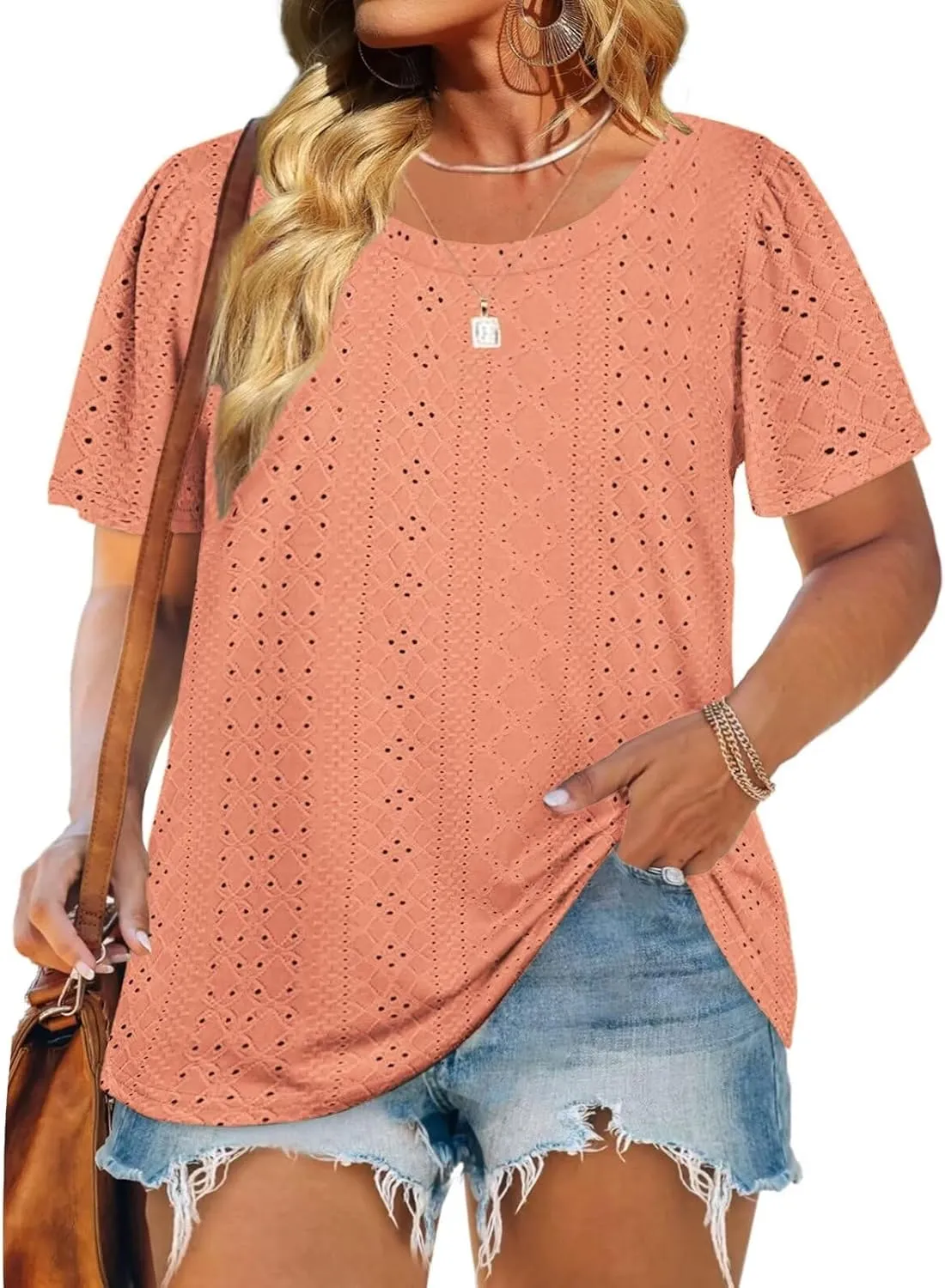 DOLNINE Womens-Plus-Size-Tops Casual Puff Short Sleeve Crewneck Eyelet Tunic Shirts XL-5XL