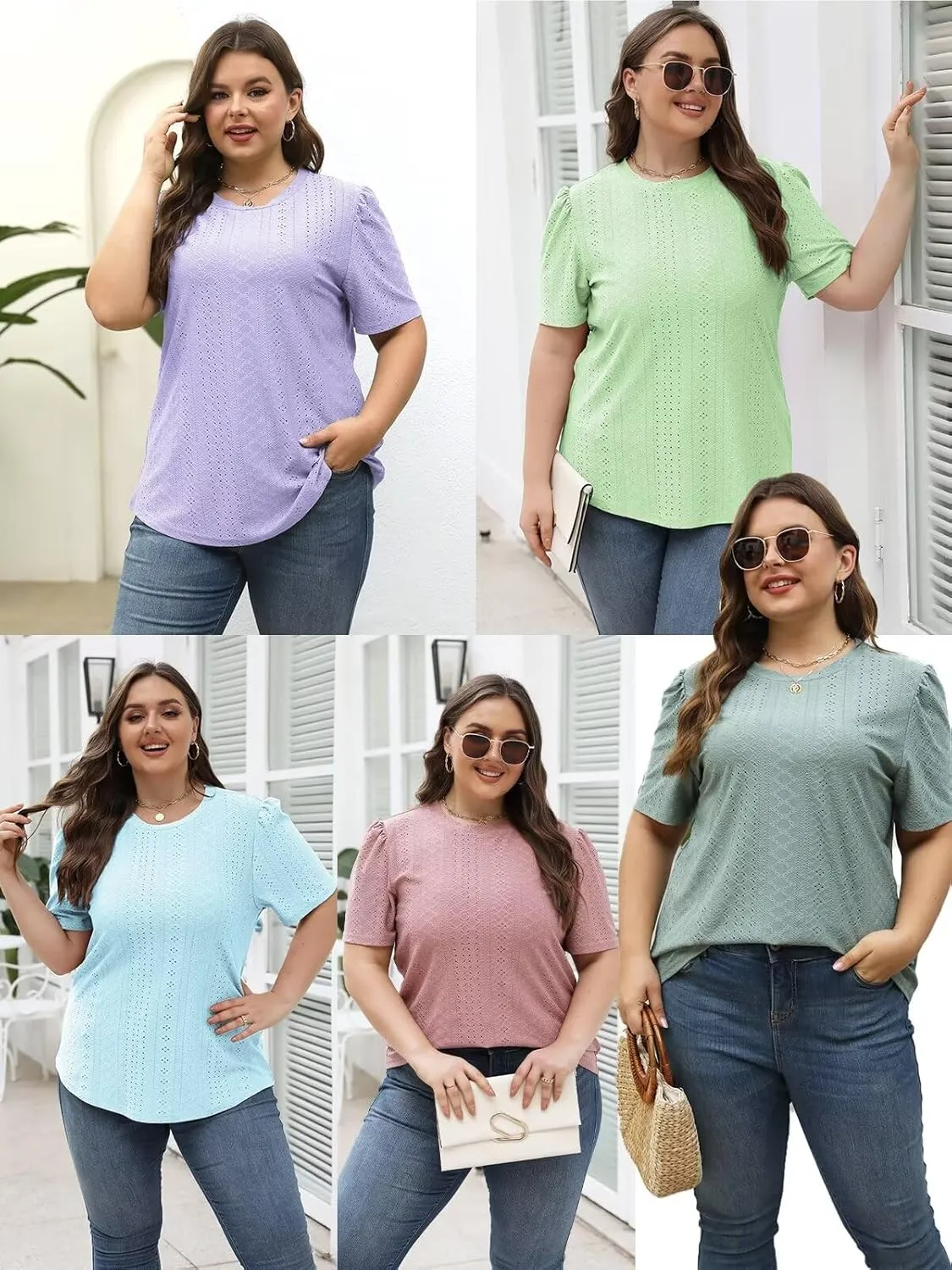 DOLNINE Womens-Plus-Size-Tops Casual Puff Short Sleeve Crewneck Eyelet Tunic Shirts XL-5XL