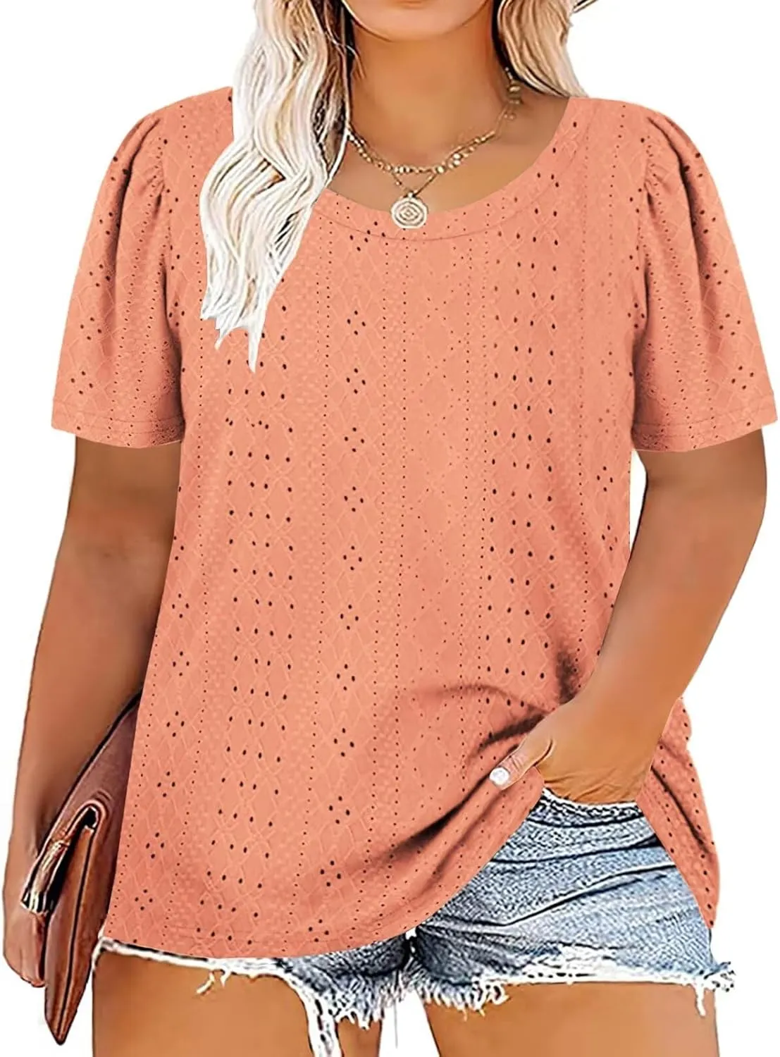 DOLNINE Womens-Plus-Size-Tops Casual Puff Short Sleeve Crewneck Eyelet Tunic Shirts XL-5XL